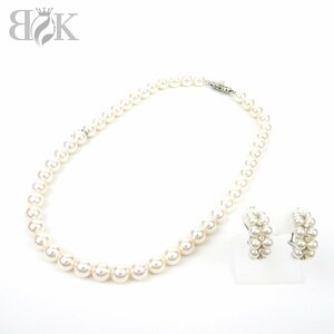  beautiful goods Mikimoto pearl necklace earrings set K18 total length approximately 39.0cm pearl diameter : approximately 8.0~8.4mm approximately 3.8~4.5mm diamond MIKIMOTO *