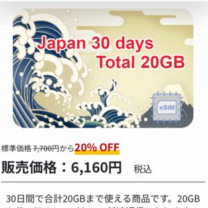 eSIM カード 20G 30日間 【※使用開始期限| 24年6月末まで】日本 JAPPN