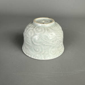 韓国美術 安東五 款 白磁堆刻仙鶴文茶碗 盃 酒器 茶道具 の画像7