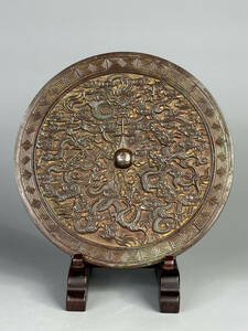 中国美術　古銅製　銅鏡　九龍戯水図銅鏡　唐物　唐鏡　時代不明　古物　コレクター放出　U0529SB0