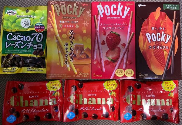 お菓子セット　グリコ ポッキー3種　ロッテ ガーナ ポップジョイ　レーズンチョコ　計7点　クーポン　ポイント