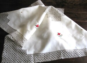 * France # tablecloth linen....... pattern Delon Work . flower ... beige approximately 74.×74. hand made Vintage 