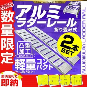 【限定セール】2本セット バイクレール アルミラダーレール 折り畳み 固定フック付 アルミ ブリッジ スロープ 耕運機 バイク 運搬 Cタイプ