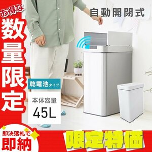 【限定セール】センサー式 全自動 自動開閉ゴミ箱 大容量45L 非接触 両開き ダストボックス 電池式 スチール リビング キッチン 家庭用 白