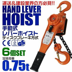 【6個セット】レバーホイスト 定格荷重0.75t 750kg チェーンホイスト 玉掛け CE TUV認証 ジャッキ ガッチャ チェーンブロック 荷締め機