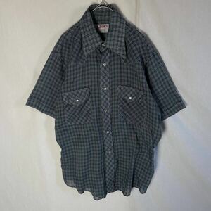 70's America made BRONCO short sleeves western shirt check pattern old clothes M size green Vintage 