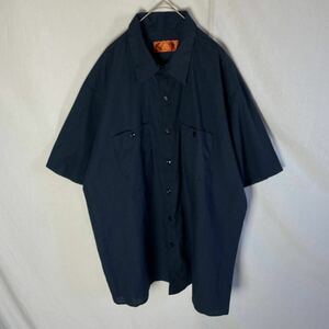 レッドキャップ　半袖ワークシャツ　ストライプ　古着　XXLサイズ ネイビー　WORKWEAR