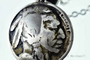 ビンテージコインペンダントトップ、インディアン ドーム状加工の個性的 コインペンダント、（11237-494　）本物の外国コイン、オールド