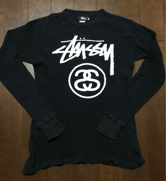 STUSSY　ワッフル長袖Tシャツ　プリント　Mサイズ　ブラック