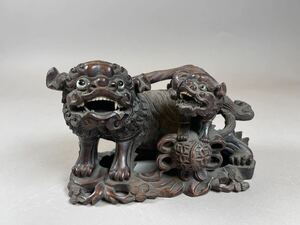 縁起物 置物 獅子 狛犬 彫刻 木彫 極細工 検:中国 朝鮮 李朝 日本