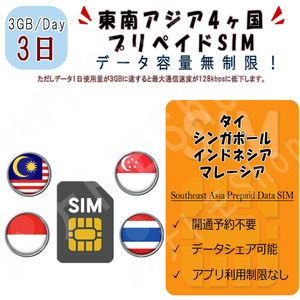 東南アジア 4ヵ国周遊SIM プリペイドSIM SIMカード データ通信SIM 1日3GB 3日プラン 4G LTE データ専用 海外出張 海外旅行