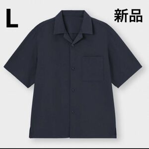 【新品】シアサッカーオープンカラーシャツ(5分袖) ジーユー L ネイビー