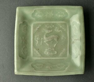 [YB] Edo era three rice field celadon .. deer . four person plate * Japan old fine art old . antique 24Y356-2