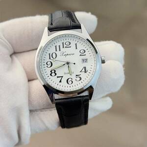 腕時計 メンズ クォーツ ファッショナブル シングル カレンダー ブラックレザー ストラップ 時計