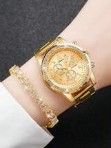 腕時計 レディース セット 女性用 ゴールド ジンク合金ストラップ グラマラスなラインストーン装飾 円形 ダイヤル クオーツ腕時計_画像7