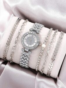 腕時計 レディース セット 1個 女性 ラインストーンデコレーション ステンレス鋼 ストラップ グラマラス 丸い ダイヤルクォーツ