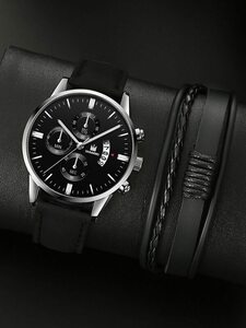 腕時計 メンズ セット 1個 ブラック ポリウレタンストラップ ファッション 日付 ラウンド ダイヤルクォーツウォッチ & 1個