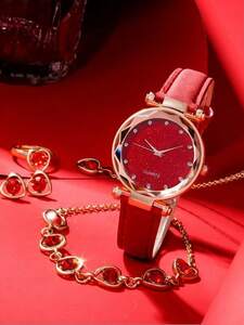 腕時計 レディース セット 1個 女性 レッド ポリウレタン ストラップ ファッション 丸い ダイヤルクォーツウォッチ & 5個