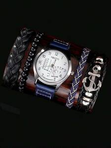 腕時計 メンズ セット 1個 男性 ブルー ポリウレタン ストラップ ファッション 丸い ダイヤルクォーツウォッチ & 4個 ブ