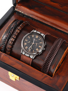 腕時計 レディース セット 1個 ブラウン ポリウレタンストラップ ファッショナブル ラウンドダイヤルクォーツウォッチ & 3個