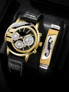 腕時計 レディース セット 1個 ブラック ポリウレタンストラップ ビジネス ラウンドダイヤルクォーツウォッチ & 1個 ブレス