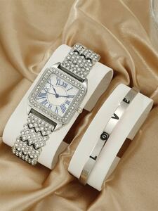 腕時計 レディース セット 1 女性シルバーステンレススチールストラップ華やかなラインストーン装飾スクエアダイヤルクォーツ時計 &