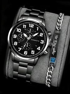 腕時計 メンズ セット 1個 ブラック 亜鉛合金 ストラップ ファッショナブル ラウンド ダイヤルクォーツウォッチ & 1個 ライ