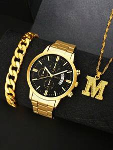 腕時計 メンズ セット メンズウォッチ1個 メンズゴールドステンレススチールストラップビジネスデートクロノグラフラウンドダイヤルク