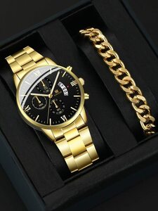 腕時計 メンズ セット 1 メンズステンレススチールバンドカレンダー機能合金ビジネスクォーツ腕時計 + 1 合金ブレスレット