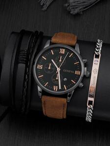 腕時計 メンズ セット 3個のファッション ビジネス カレンダー メンズ ラウンド ローマン スケール ブラウン ベルト クォーツ