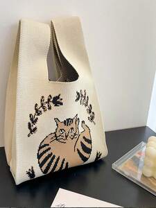 レディース バッグ ハンドバッグ 女性用 ホロウアウト編み上げ猫デザインのショルダートートバッグ、黒と白、軽量、折りたたみ可能、通