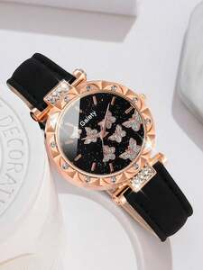 腕時計 レディース セット 女性用腕時計 6点セット、ファッションレディ革ベルトクオーツ時計、ラインストーン付きのネックレス、蝶々