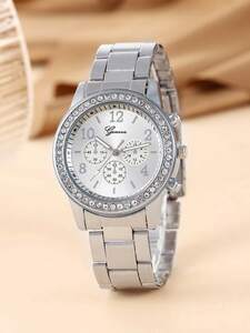 腕時計 レディース クォーツ 女性用銀色亜鉛合金ストラップファッション装飾付きラウンドダイヤルクオーツ時計、デイリー装飾、休日用