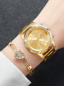腕時計 レディース セット 女性用 ゴールド ジンク合金ストラップ 魅力的なラインストーンがデコレーションされた丸いダイヤル クオ