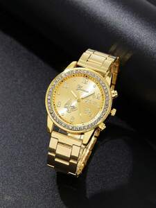 腕時計 レディース クォーツ 淑女用腕時計 ゴールド ウォッチ レディース カジュアル ビジネス クオーツウォッチ、ラインストーン