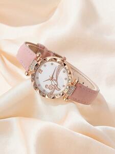 腕時計 レディース セット 6個女性用腕時計、ファッショナブルなシンプルなピンク色 ストラップ、花の目盛りクォーツ時計、ピンク色の