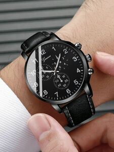 腕時計 メンズ セット メンズ時計 5本セット、男性用黒レザーバンドクオーツ時計、ビジネス＆ファッション腕時計、ブレスレット＆ブレ
