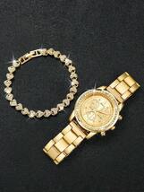 腕時計 レディース セット 女性用 ゴールド ジンク合金ストラップ グラマラスなラインストーン装飾 円形 ダイヤル クオーツ腕時計_画像3