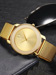腕時計 メンズ クォーツ メッシュストラップ付きのおしゃれなシンプルな腕時計、クラシックな防水ゴールドラウンド文字盤 メンズ腕時計