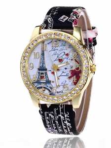 腕時計 レディース クォーツ ラインストーン装飾エッフェル塔文字盤 クオーツ時計 ホリデー用