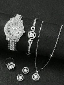 腕時計 レディース セット 女性用スチールストラップファッショナブルなシンプルなクォーツ腕時計、ローマ文字盤とラインストーン、大型