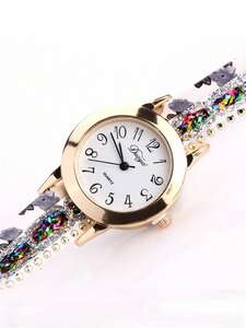 腕時計 レディース クォーツ 女性用ポリウレタンストラップファンキーラウンドダイヤルラインストーン＆スタッズ装飾クォーツ時計、日常