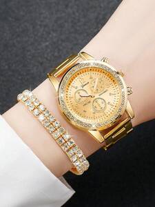 腕時計 レディース セット 女性用ゴールドジンク合金ストラップグラマラスなラウンドダイヤルラインストーン装飾クォーツ時計1個＆ブレ