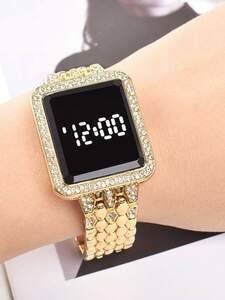 腕時計 レディース セット 女性用 ゴールドメタルストラップ グラマラス ラインストーン装飾 カラースクエアダイヤル デジタルウォ