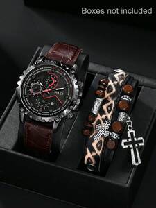 腕時計 メンズ セット 男性用 カレンダー付ファッションクォーツ腕時計 1個と 十字架ブレスレットジュエリーセット1個