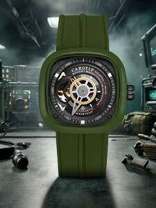 腕時計 メンズ 機械式 緑のシリコンストラップ付きの自動機械式男性用腕時計、ハードマンスポーティースタイルのスクエアホローダイアル