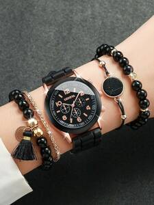 腕時計 レディース セット 女性用シリコンストラップファッショナブルなシンプルな文字盤クォーツ腕時計＋ブレスレットセット（5個セッ