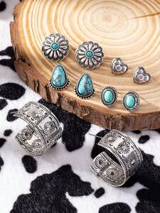  lady's jewelry earrings set 5 pair antique silver turquoise Stone decoration Western Conti 