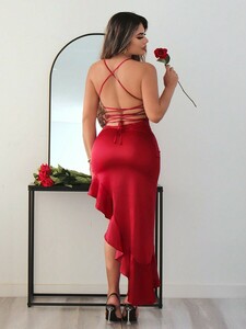 レディース ドレス 女性用セクシーなバレンタインラッフルレイヤーバックレス赤ドレス、ウェディング＆デート用
