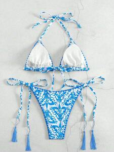レディース 水着 ビキニセット 女性 青と白の花柄 三角ホルターネックビキニセット、夏 ビーチでの休暇の水着